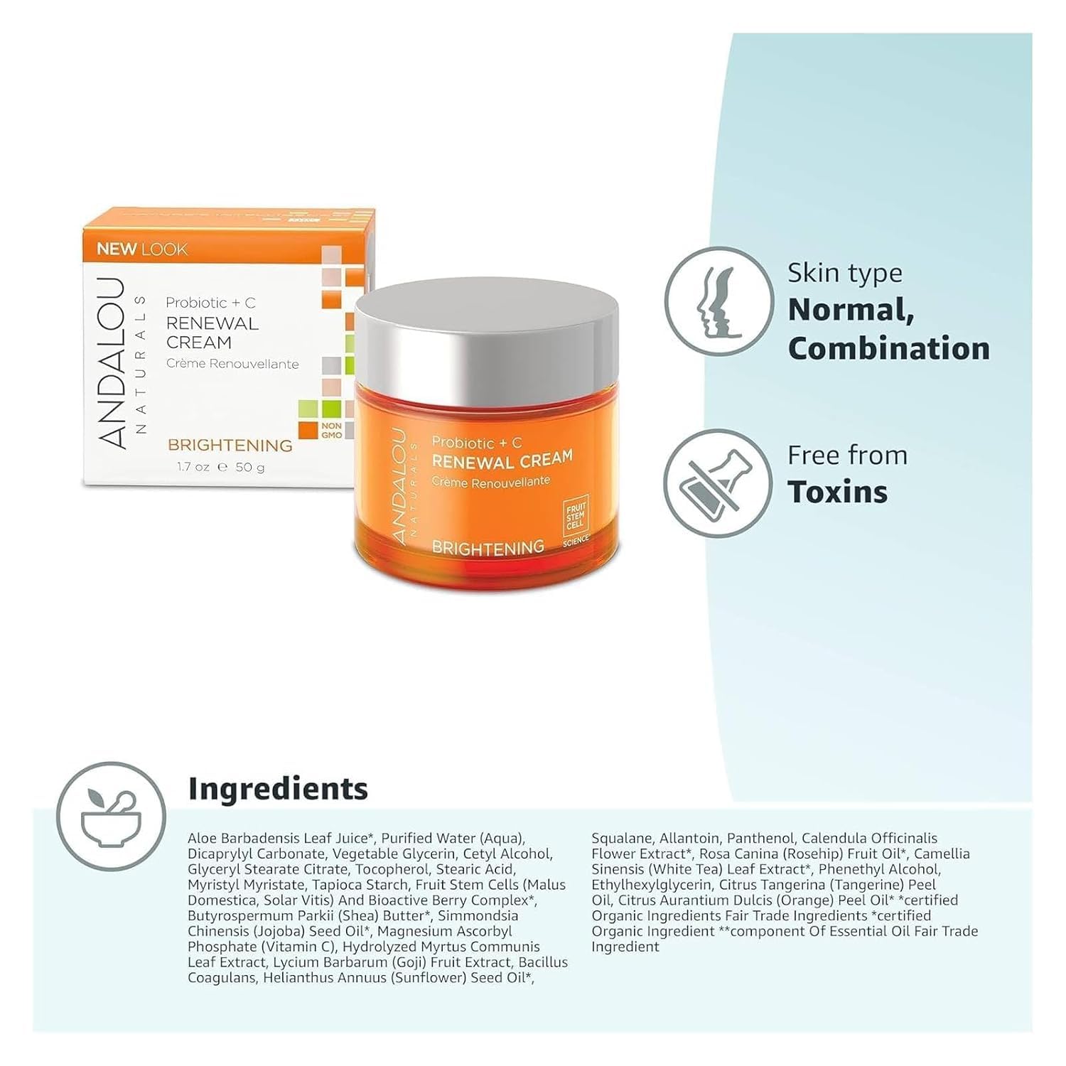Andalou Naturals Probiotic + C Renewal Cream – Brightening Daily Face Moisturizer with Vitamin C