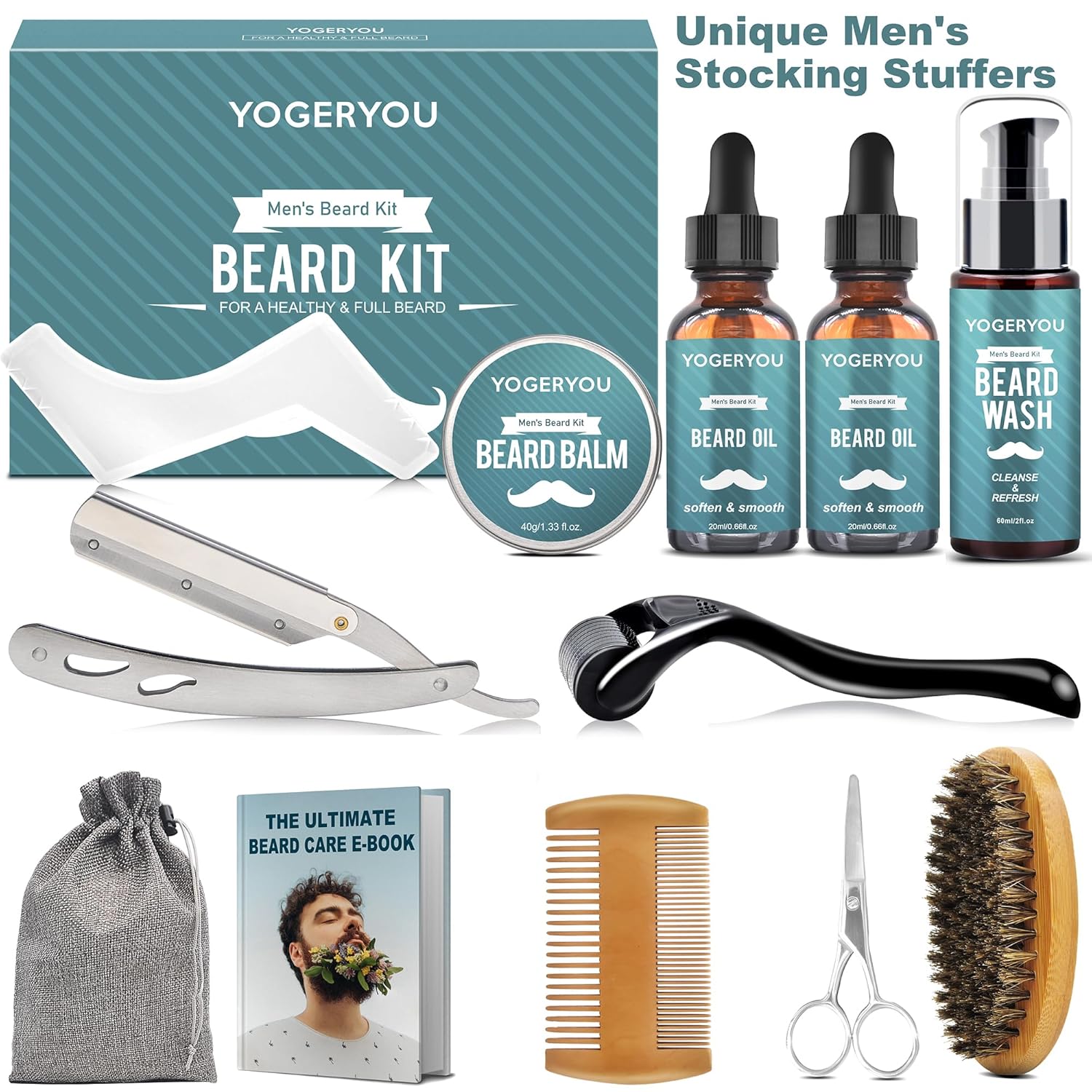 Beard Kit,Beard Grooming Kit W/Straight Razor,2 PACK Beard Oil,Beard Wash,Balm,Brush,Comb,Scissors Mens Birthday Christmas Gifts for Men Boyfriend Husband Beard Shaping Shaving Kit
