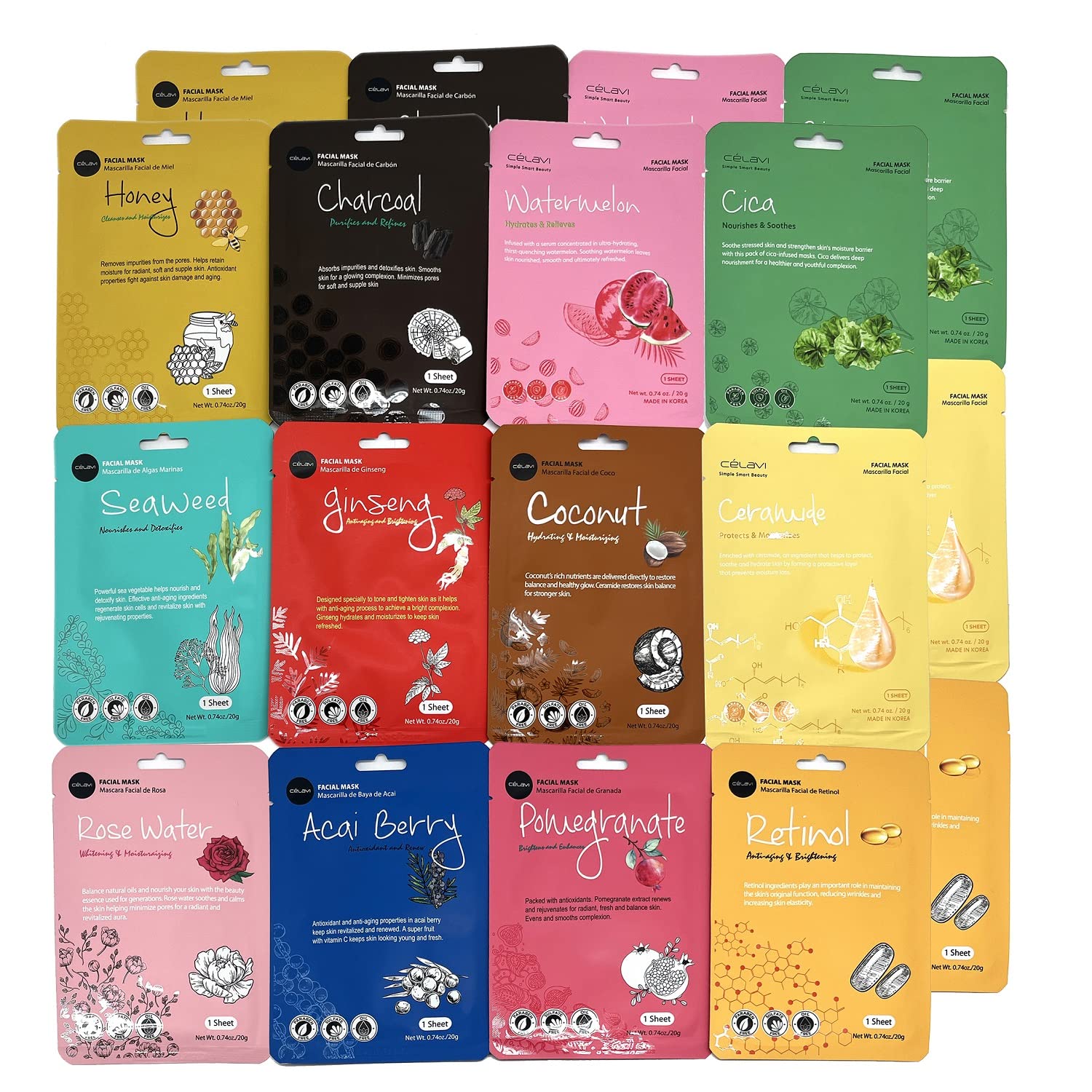 Celavi K-Beauty Skincare Essence Facial Face Mask Korea Skin Care Moisturizing B Set 12 Pack