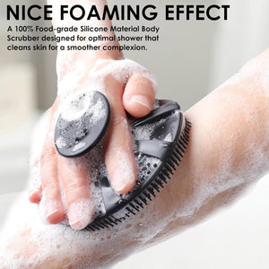INNERNEED Food-Grade Soft Silicone Body Scrubber Shower Brush Handheld Cleansing Skin Brush, with Exfoliating Net Sponge Case (Black Brush)