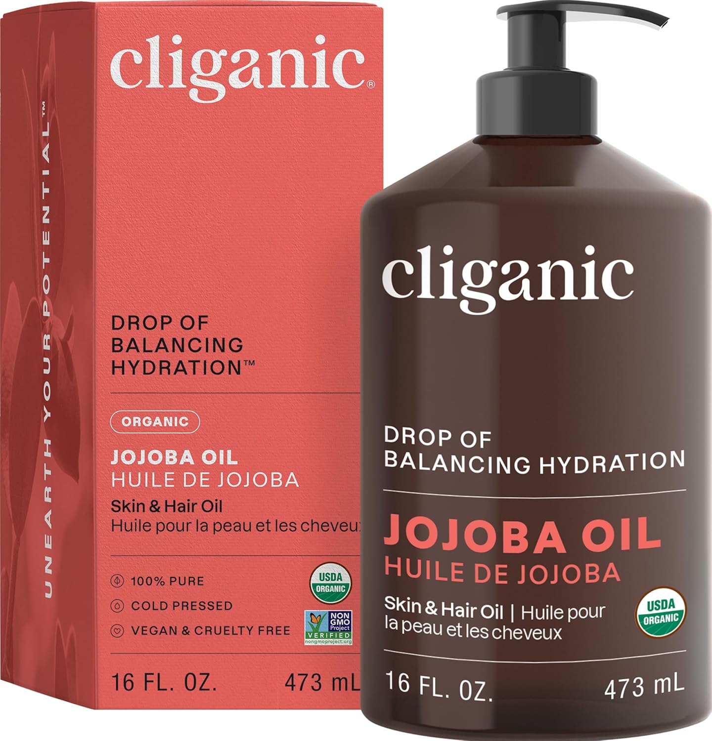 Cliganic Organic Jojoba Oil 16oz with Pump, 100% Pure | Bulk, Moisturizing Oil for Face, Hair, Skin & Nails | Natural Cold Pressed (Packaging May Vary)