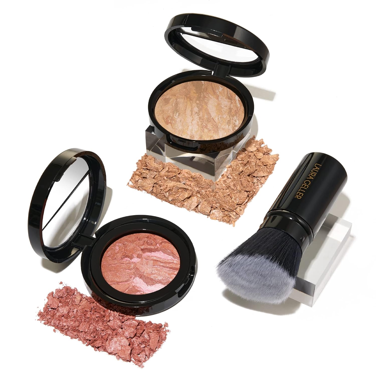 LAURA GELLER NEW YORK Baked Balance-N-Glow Illuminating Powder Foundation, Medium + Retractable Kabuki Brush + Baked Blush-N-Brighten, Pink Grapefruit