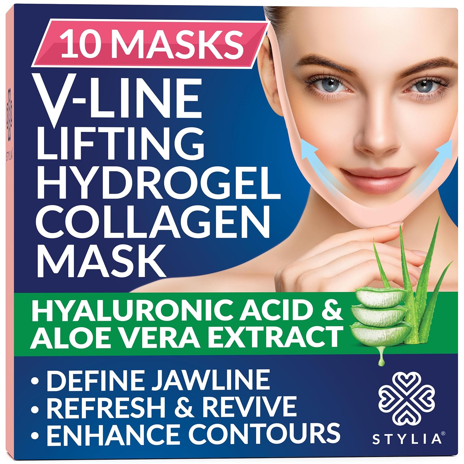 STYLIA V Line Lifting Collagen Face Mask - Double Chin Strap for Women - Jawline Shaper Face Lift Tape - Neck Lift Collagen Mask - Chin Strap for Sleeping - Hyaluronic Acid, Aloe Vera, Cica 10PC