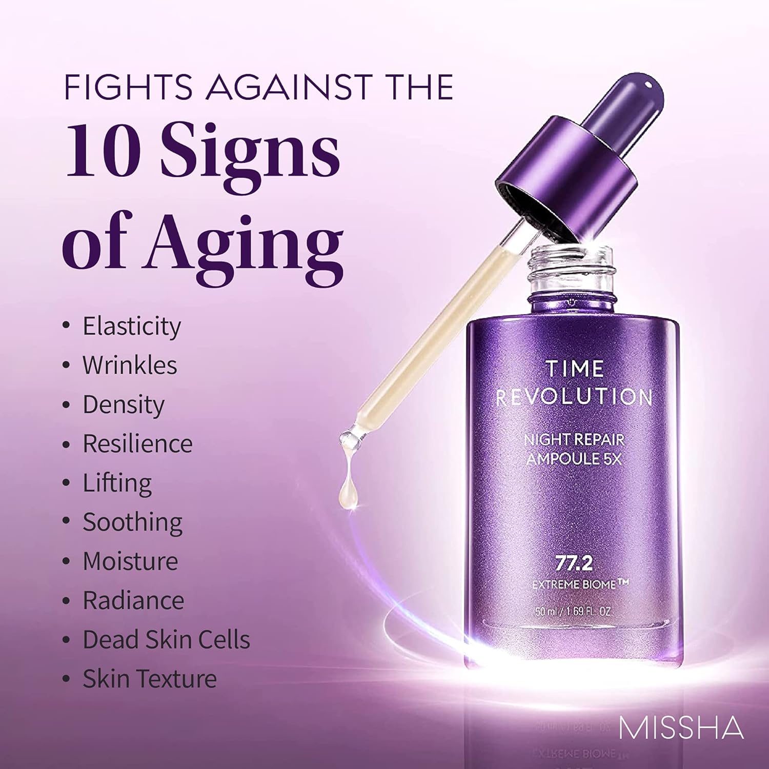 MISSHA Time Revolution Night Repair Face Serum Ampoule (5th Gen) - Overnight Probiotic Skincare for Intensive Repair and Radiance, 1.69 Fl Oz