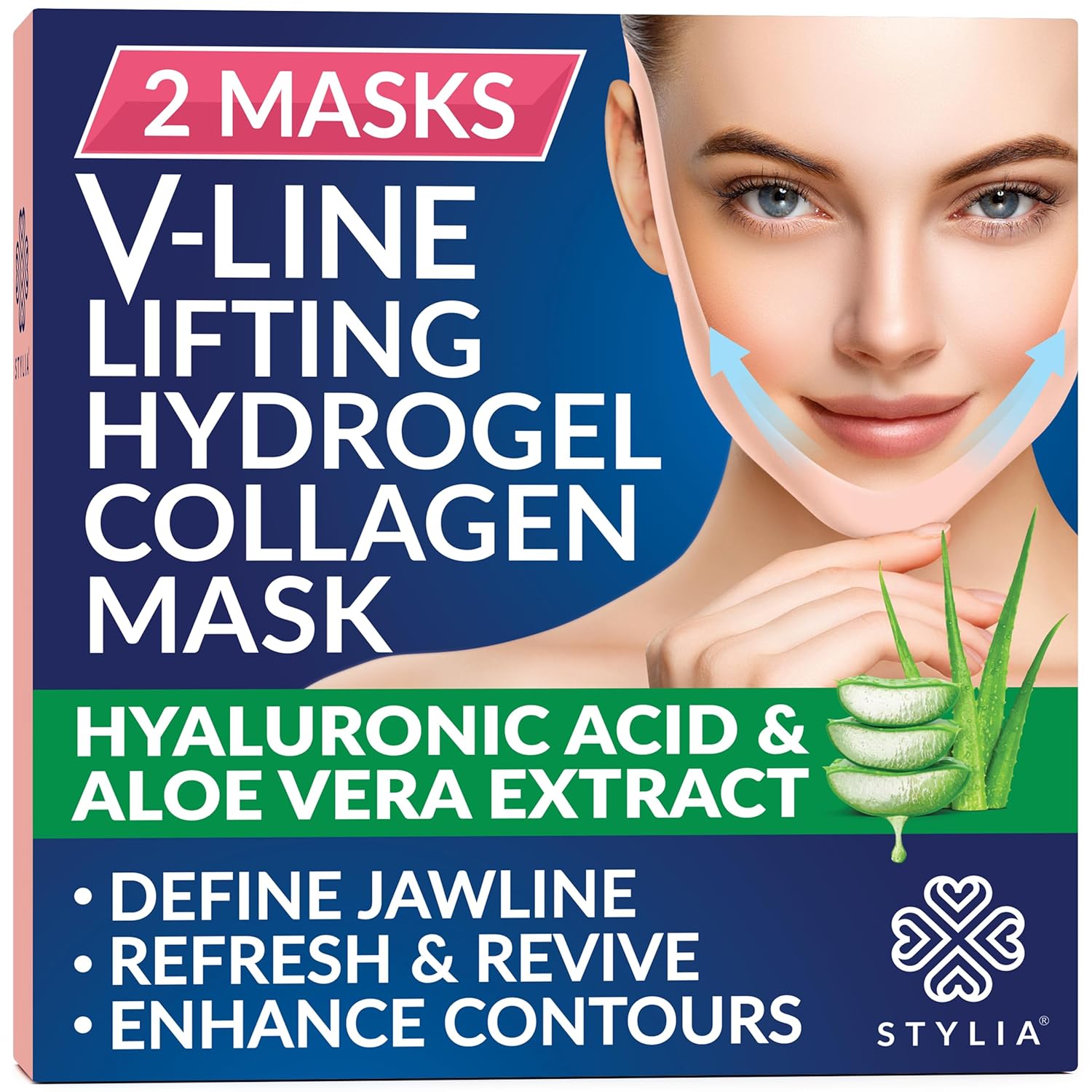 Stylia V-Line Lifting Collagen Face Mask with Hyaluronic Acid & Aloe Vera - Spa Quality Chin Strap - Jawline Shaper Collagen Mask - Face Masks Skincare - Chin Strap for Sleeping - 5PC