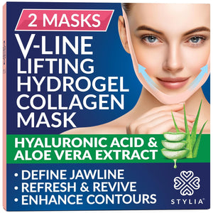 Stylia V-Line Lifting Collagen Face Mask with Hyaluronic Acid & Aloe Vera - Spa Quality Chin Strap - Jawline Shaper Collagen Mask - Face Masks Skincare - Chin Strap for Sleeping - 5PC