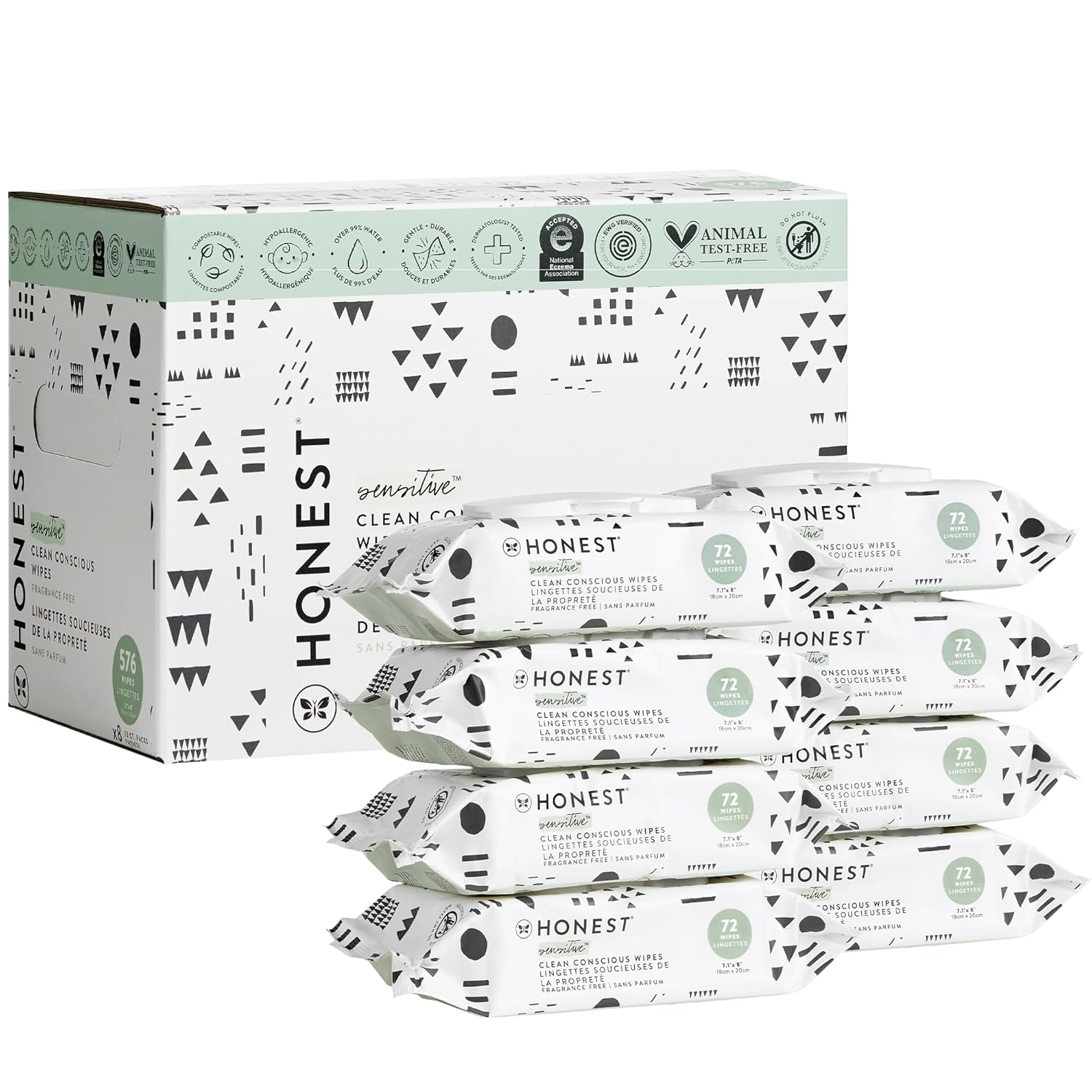 The Honest Company Clean Conscious Multi-Use Wipes | Hypoallergenic + Unscented for Sensitive Skin | Over 99% Water, Compostable, Plant Based, Baby Wipes | Geo Mood, 288 Count