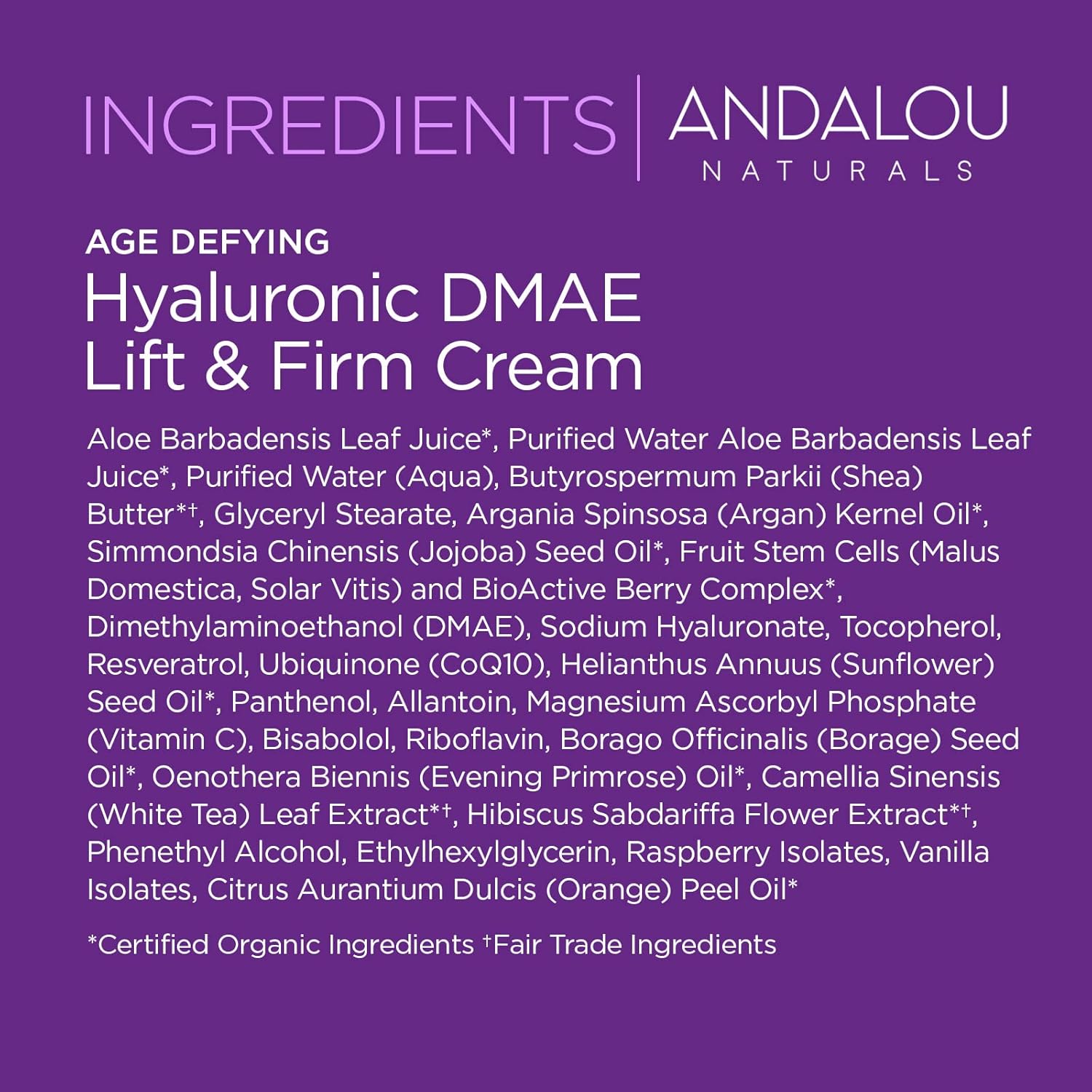 Andalou Naturals Hyaluronic DMAE Skin Cream – Hydrating Face Moisturizer with Antioxidants, Smooth-Feeling Formula for Daily Care