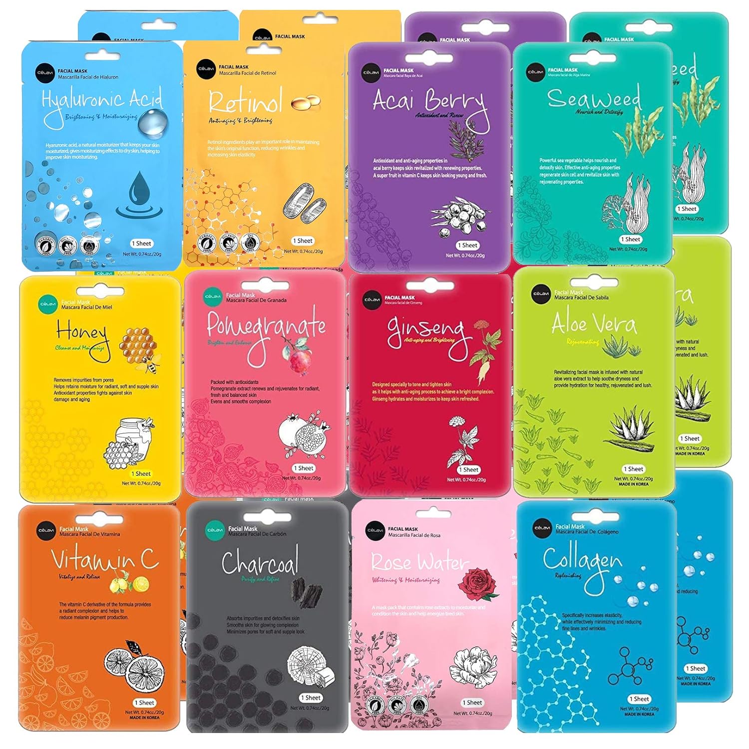 Celavi K-Beauty Skincare Essence Facial Face Mask Korea Skin Care Moisturizing B Set 12 Pack