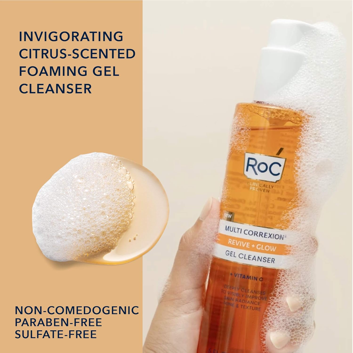 RoC Multi Correxion Revive + Glow Gel Facial Cleanser With Vitamin C, & Glycolic Acid, Paraben-Free, Sulfate-Free Skin Care, 6 Ounces