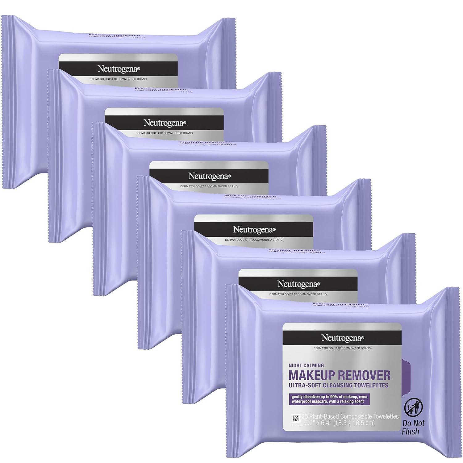 Neutrogena Night Calming Makeup Remover Face Wipes, Nighttime Cleansing Towelettes Remove Sweat, Dirt & Makeup & Calms Skin, Hypoallergenic, 100% Plant Based Cloth, Twin Pack, 2 x 25 ct