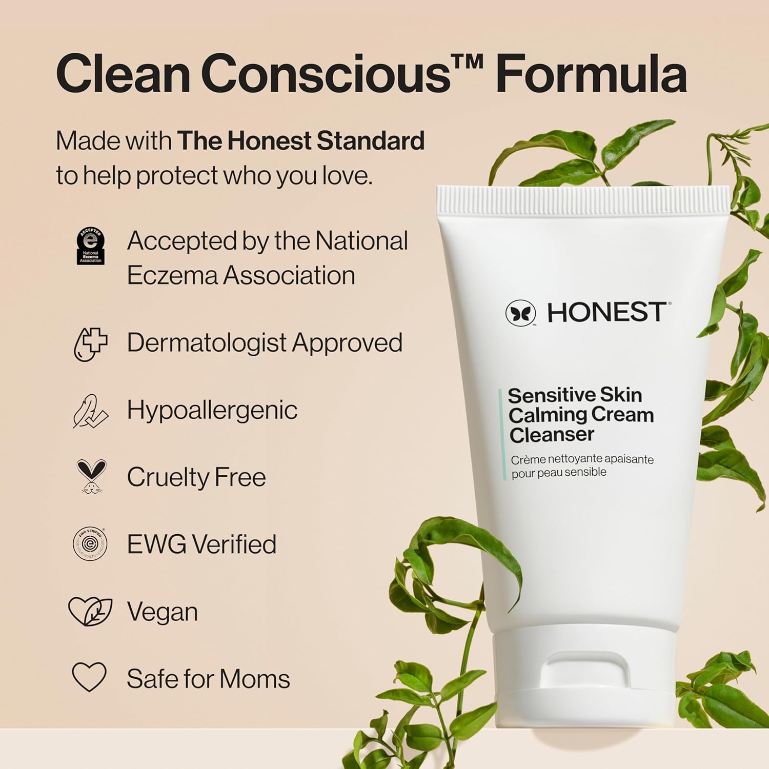 Honest Beauty Sensitive Skin Calming Cream Cleanser – Gentle Hydrating Vegan Cleanser, 4 fl oz