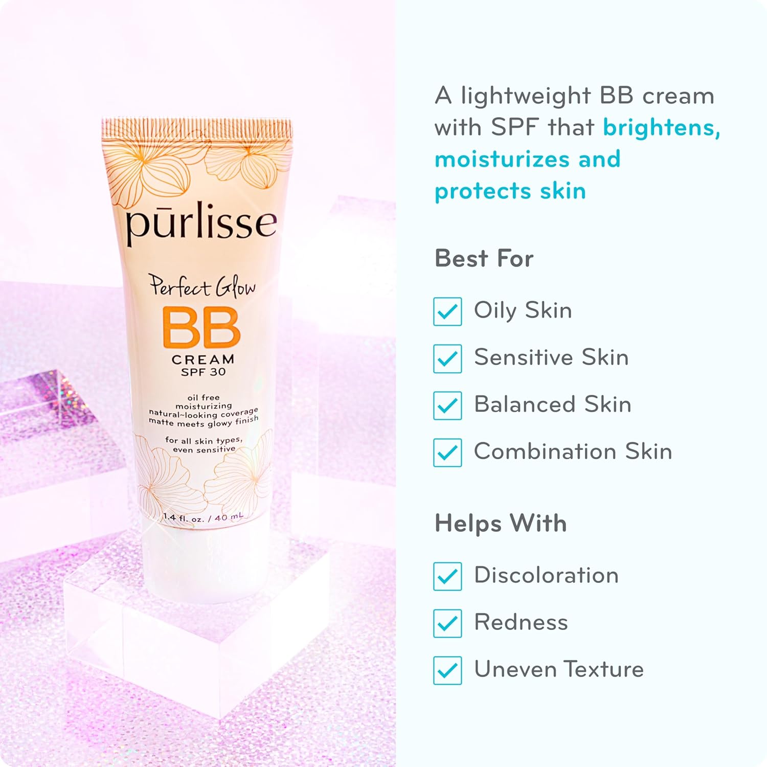 pūrlisse Perfect Glow BB Cream with SPF 30 - Matte Meets Dewy Finish - Enriched with Goji & Hawthorn Berry to Help Improve Skin Texture & Radiance - Medium Tan (1.4 oz)