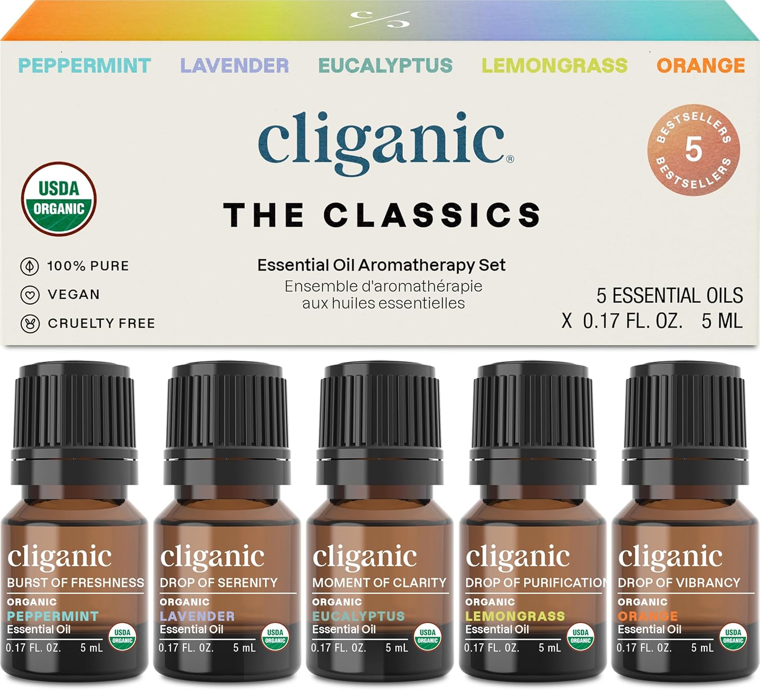 Cliganic Organic Essential Oils Set (Top 5 - The Classics) - 100% Pure Natural - Aromatherapy, Candle Making - Peppermint, Lavender, Eucalyptus, Lemongrass & Orange (Packaging May Vary)