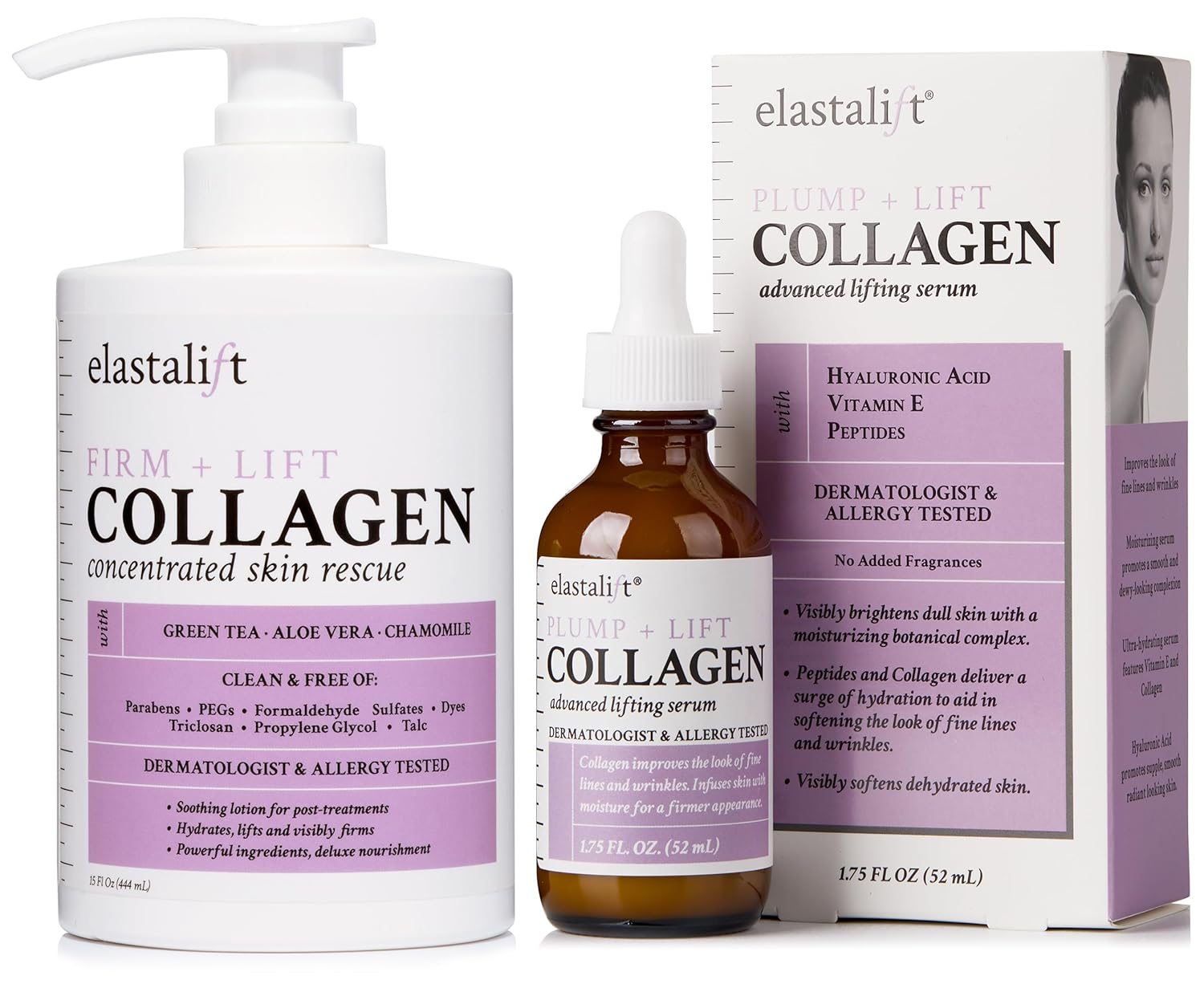 Elastalift Collagen Body Cream + Hyaluronic Acid Lotion Skin Care Set, Anti Aging Face & Body Moisturizer Dry Skin Rescue Creams For Wrinkle Control, Lifting, Firming, & Tightening Skin, 2-Pack