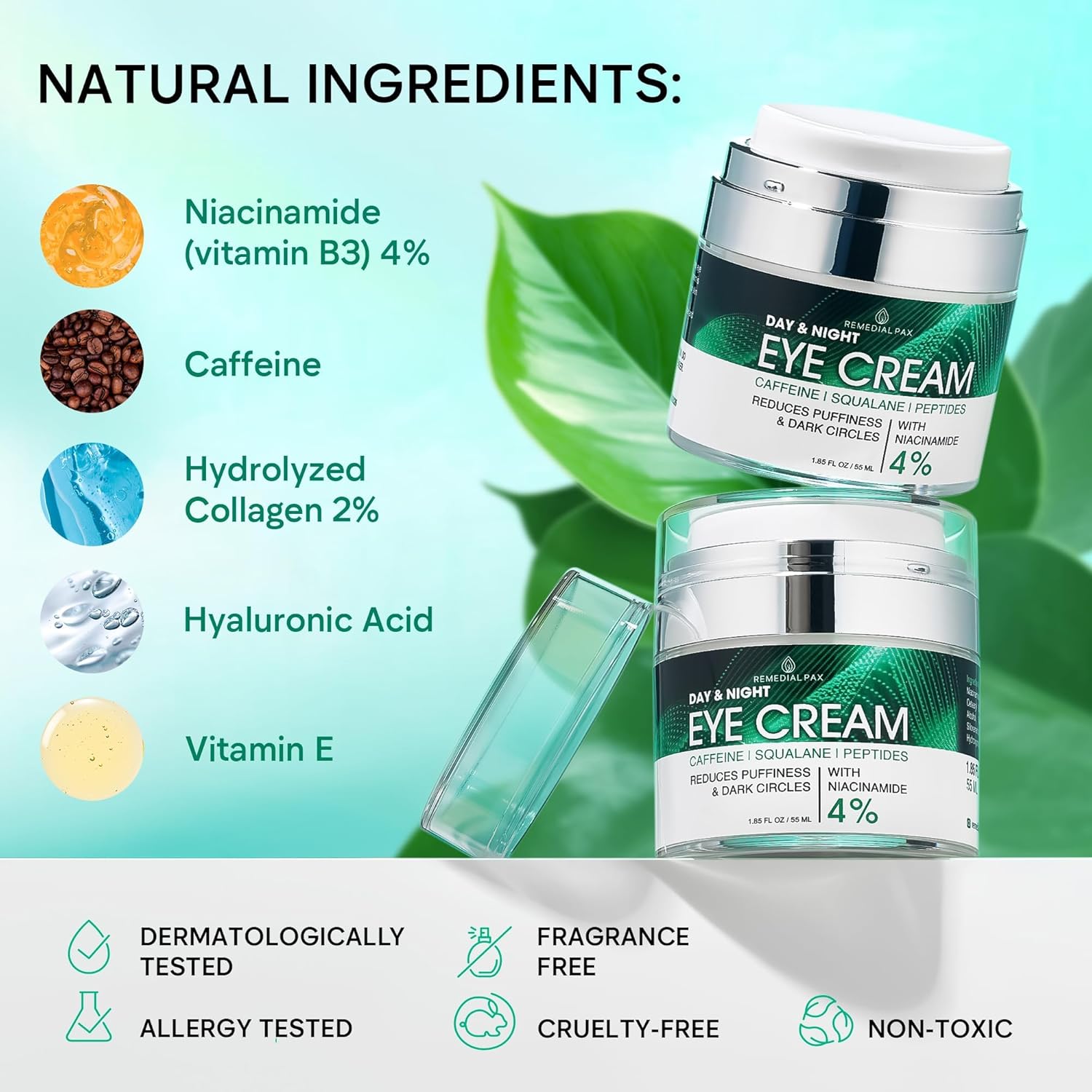 REMEDIAL PAX Eye Cream for Dark Circles and Puffiness, Bags Under Eyes Treatment, Anti-Aging Collagen Eye Cream for Wrinkles, Day & Night Caffeine Eye Cream with Niacinamide Dimethicone