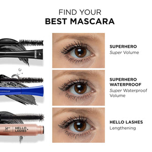 IT Cosmetics Superhero Mascara – Volumizing & Lengthening Black Mascara, Buildable Lash Volume, Collagen, Biotin, Peptides, Lifting & Curling Formula, Super Black Pigment, Suitable for Sensitive Eyes