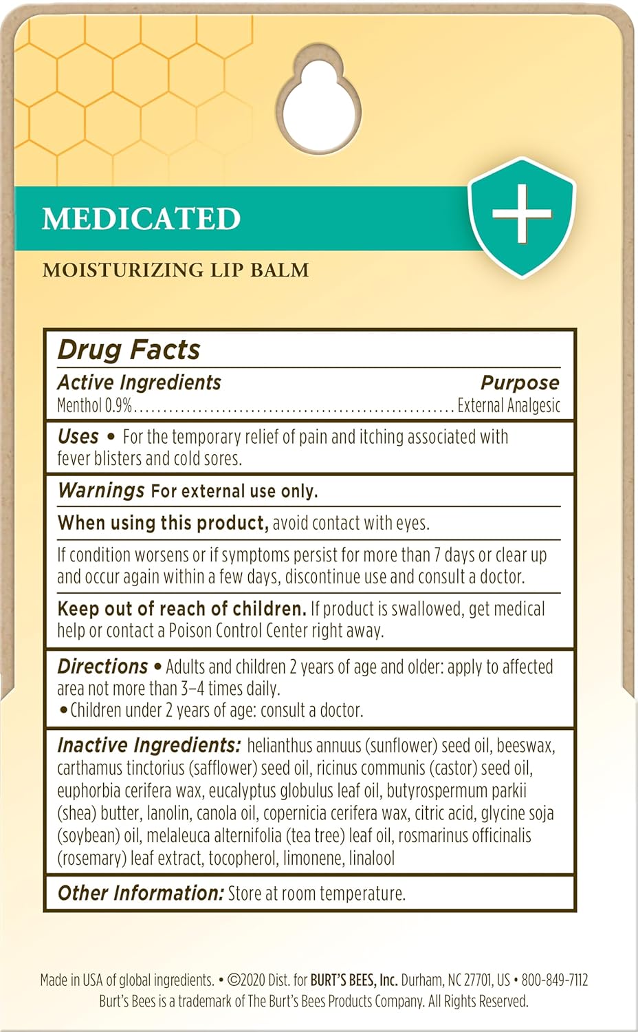 Burt's Bees Medicated Lip Balm, With Eucalyptus Oil and Menthol, Tint-Free, Natural Origin Lip Care, 2 Tubes, 0.15 oz.