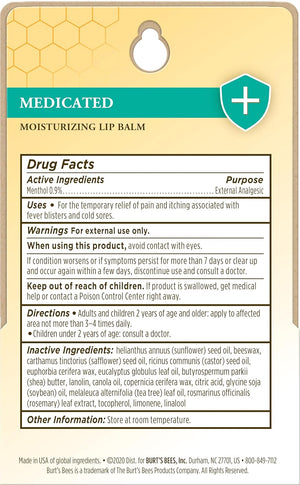 Burt's Bees Medicated Lip Balm, With Eucalyptus Oil and Menthol, Tint-Free, Natural Origin Lip Care, 2 Tubes, 0.15 oz.