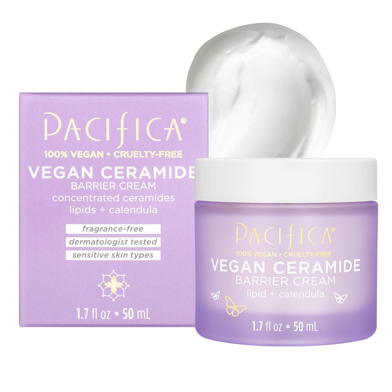 Pacifica Face Cream - Vegan Ceramide Barrier Cream w/Niacinamide & Shea Butter - Hydrating Daily Face Moisturizer Fragrance Free for Sensitive Skin, Vegan, Clean Beauty Allergy & Dermatologist Tested