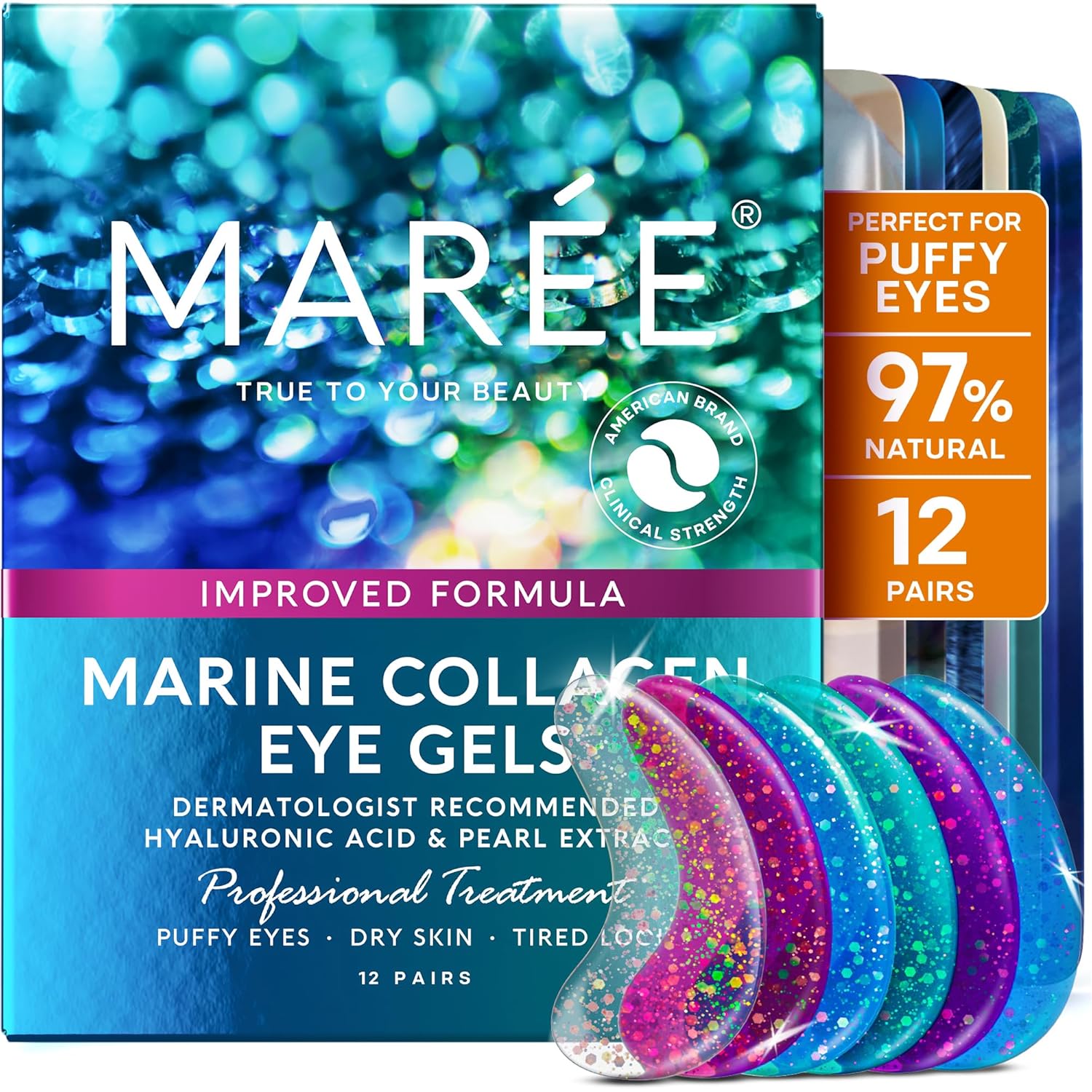 MAREE Eye Gels - Under Eye Patches for Puffy Eyes and Dark Circles with Natural Marine Collagen & Hyaluronic Acid - Anti-Aging Masks for Face to Soothe Puffiness - Undereye Mask Patches