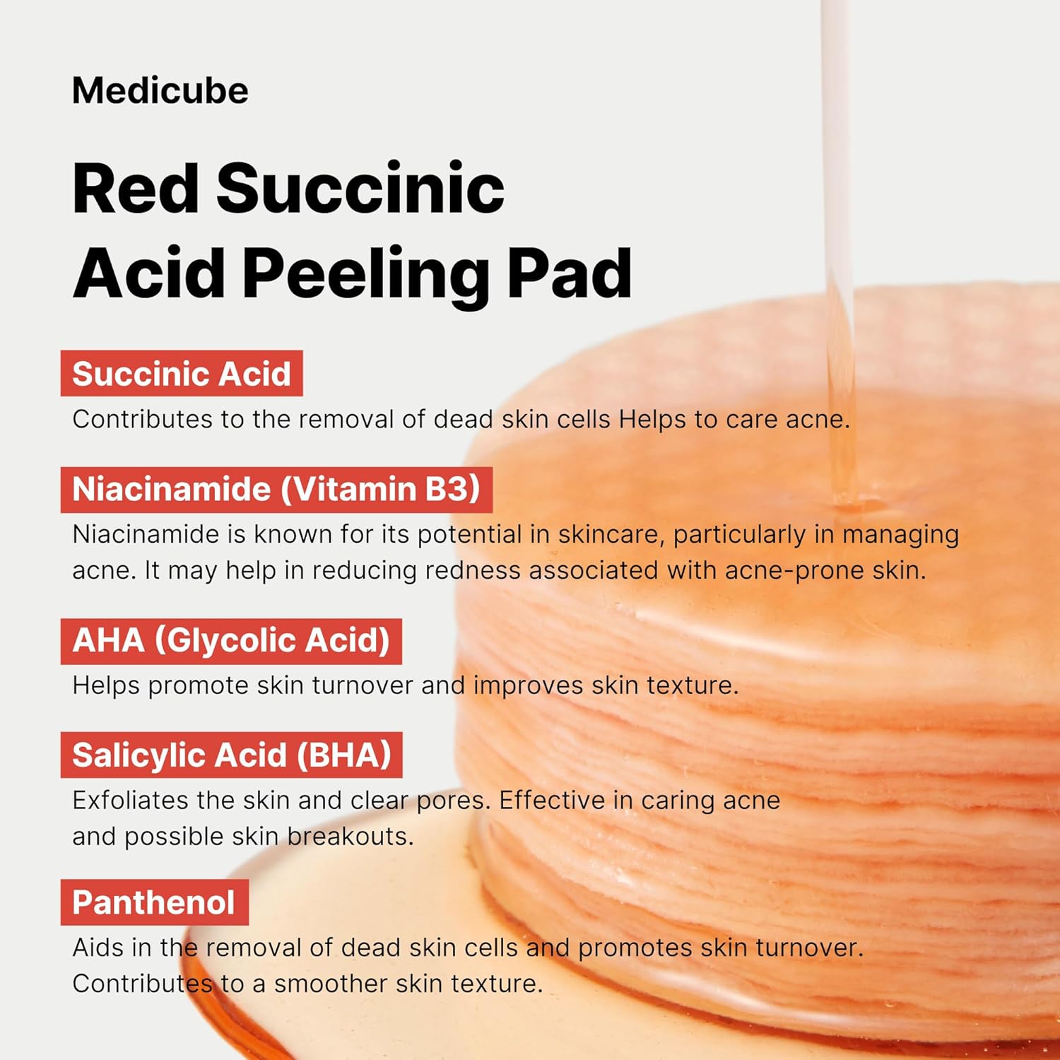 Medicube Red Succinic Acid Panthenol Facial Peeling Pads – Exfoliating Toner Pads with Niacinamide, AHA, BHA & Soothing Ingredients