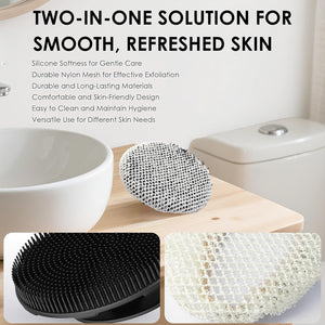 INNERNEED Food-Grade Soft Silicone Body Scrubber Shower Brush Handheld Cleansing Skin Brush, with Exfoliating Net Sponge Case (Black Brush)