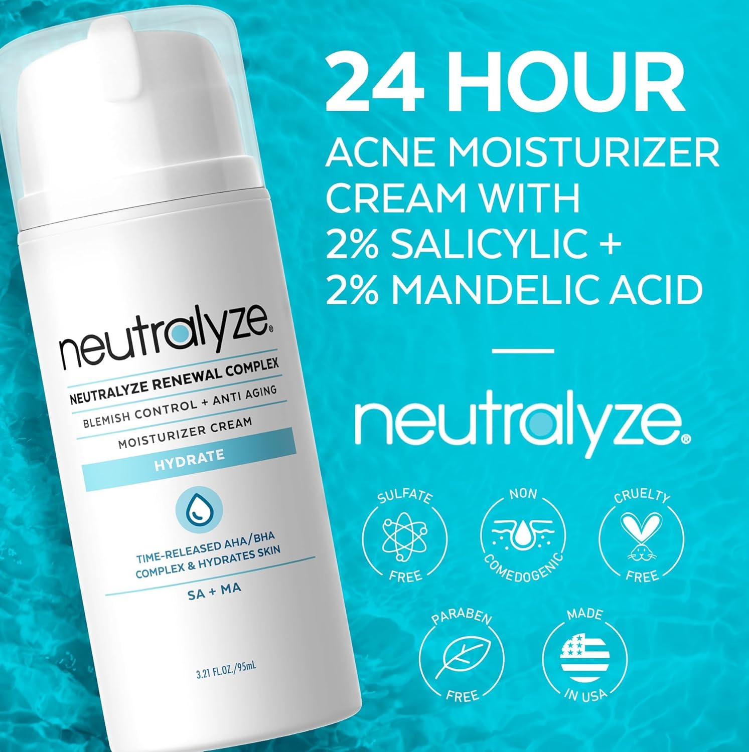 Maximum Strength Acne Moisturizer for Face & Body - Time Released AHA + BHA Facial Moisturizer Cream with 2% Mandelic Acid & 2% Salicylic Acid - Renewal Complex Treatment for Acne Prone Skin