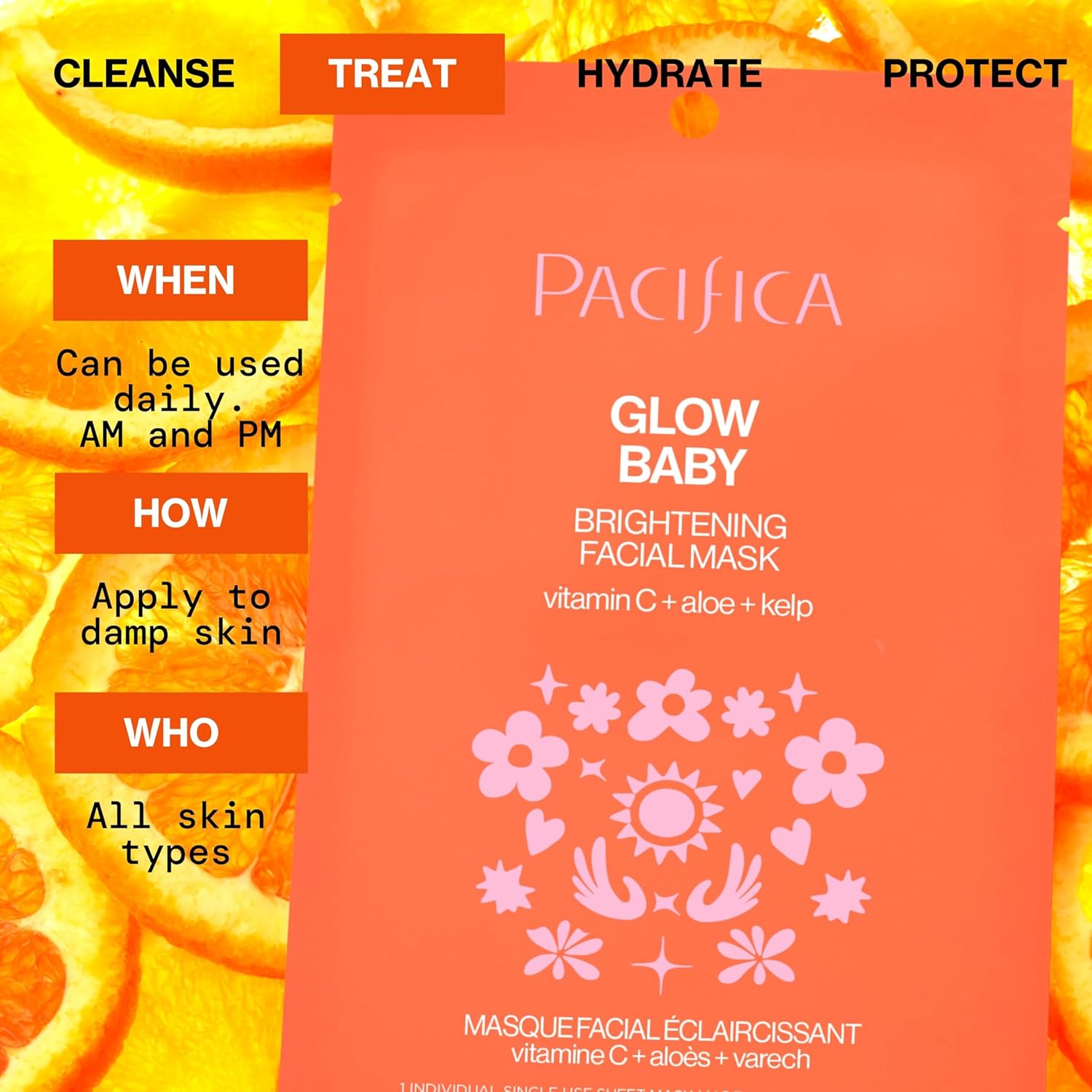 Pacifica Sheet Face Mask - Glow Baby Brightening Facial Mask w/Vitamin C, Aloe & Kelp – Cooling Mask for Dark Spots & Fine Lines - Clean Beauty Vegan & Cruelty-Free Dermatologist Tested