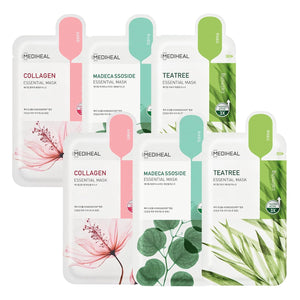 Mediheal Sheet Mask New Essential HERO 16 pack (Collagen, Tea Tree, Madecassoside, Vita) | Korean Skincare Facial Sheet Mask Combo Kbeauty Korean Glass Skin