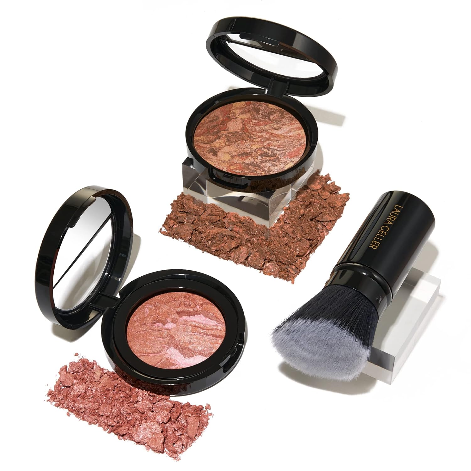 LAURA GELLER NEW YORK Baked Balance-N-Glow Illuminating Powder Foundation, Medium + Retractable Kabuki Brush + Baked Blush-N-Brighten, Pink Grapefruit