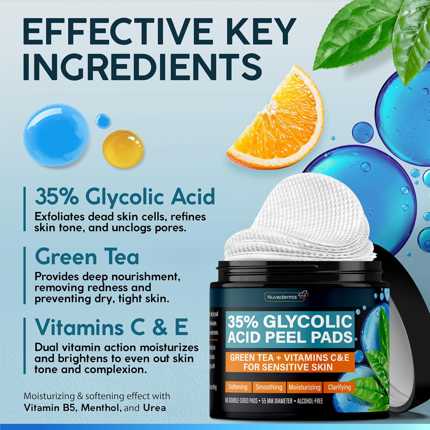 NUVADERMIS Glycolic Acid Pads - 35% Glycolic Acid Peel Pads - Exfoliating Facial Peel for Natural Skin Resurfacing, Blackheads, Dark Spots, and Acne - Sensitive Skin Safe - 60 Double-Sided