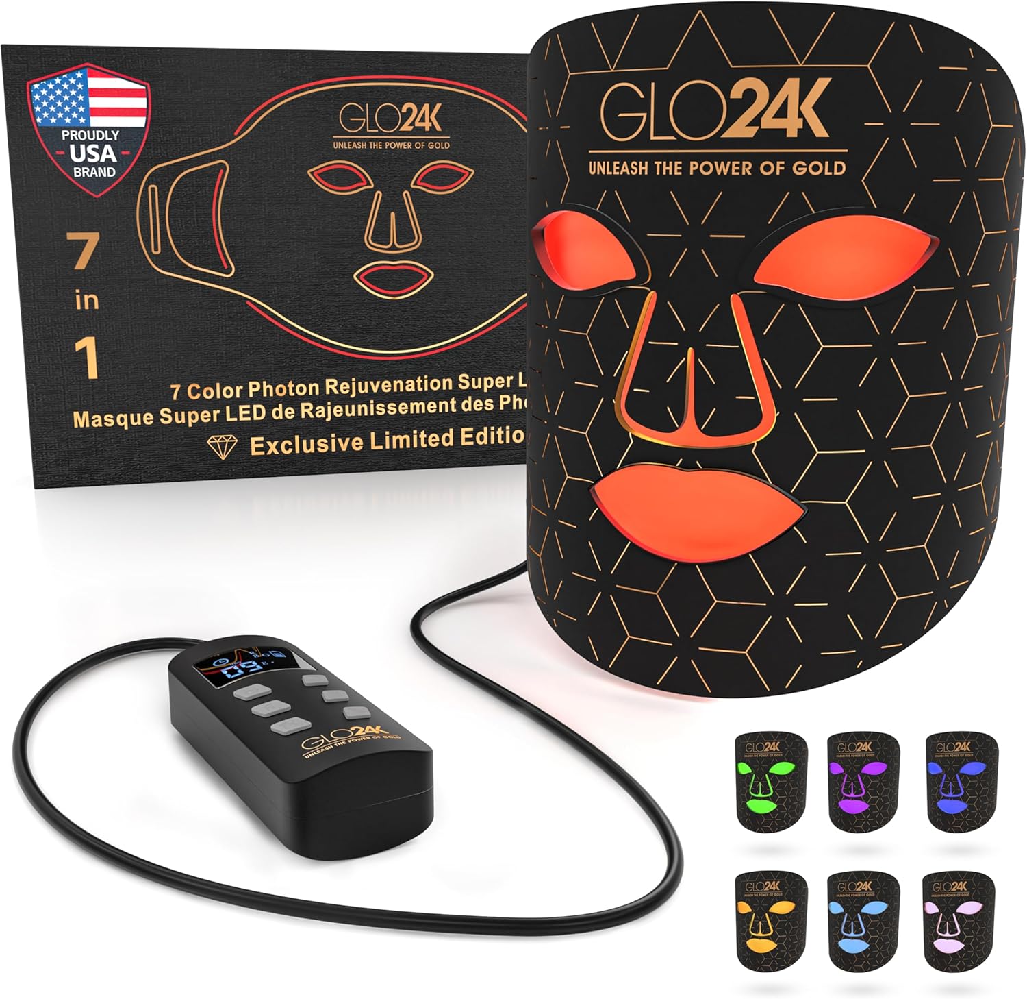 GLO24K Red Light Beauty Device for Face and Neck. Based on Triple Action L E D, Thermal, and Vibration Technologies.