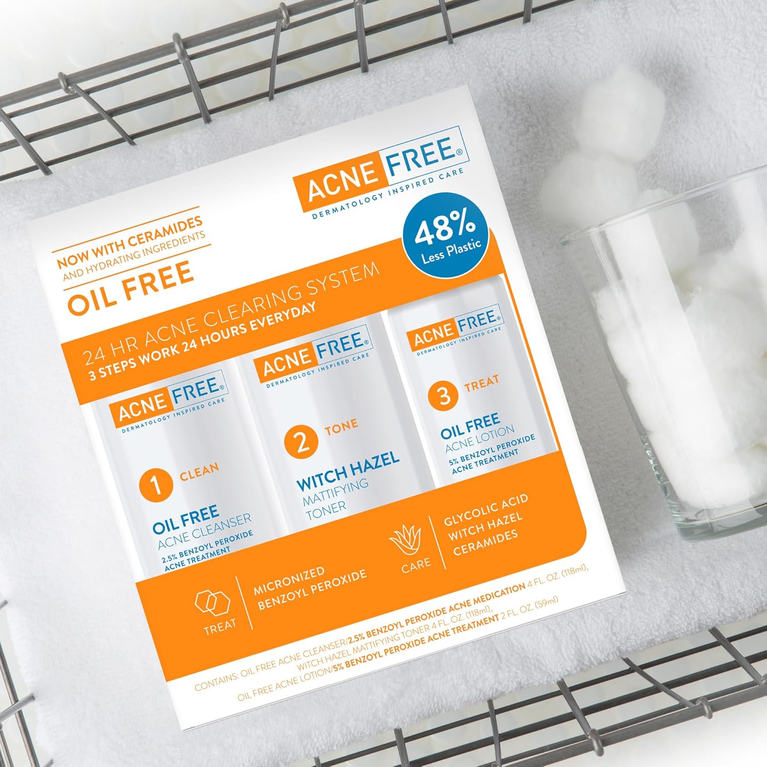 Acne Free 3 Step 24 Hour Acne Treatment Kit - Clearing System W Oil Free Acne Cleanser, Witch Hazel Toner, & Oil Free Acne Lotion - Acne Solution W/ Benzoyl Peroxide for Teens and Adults - Original