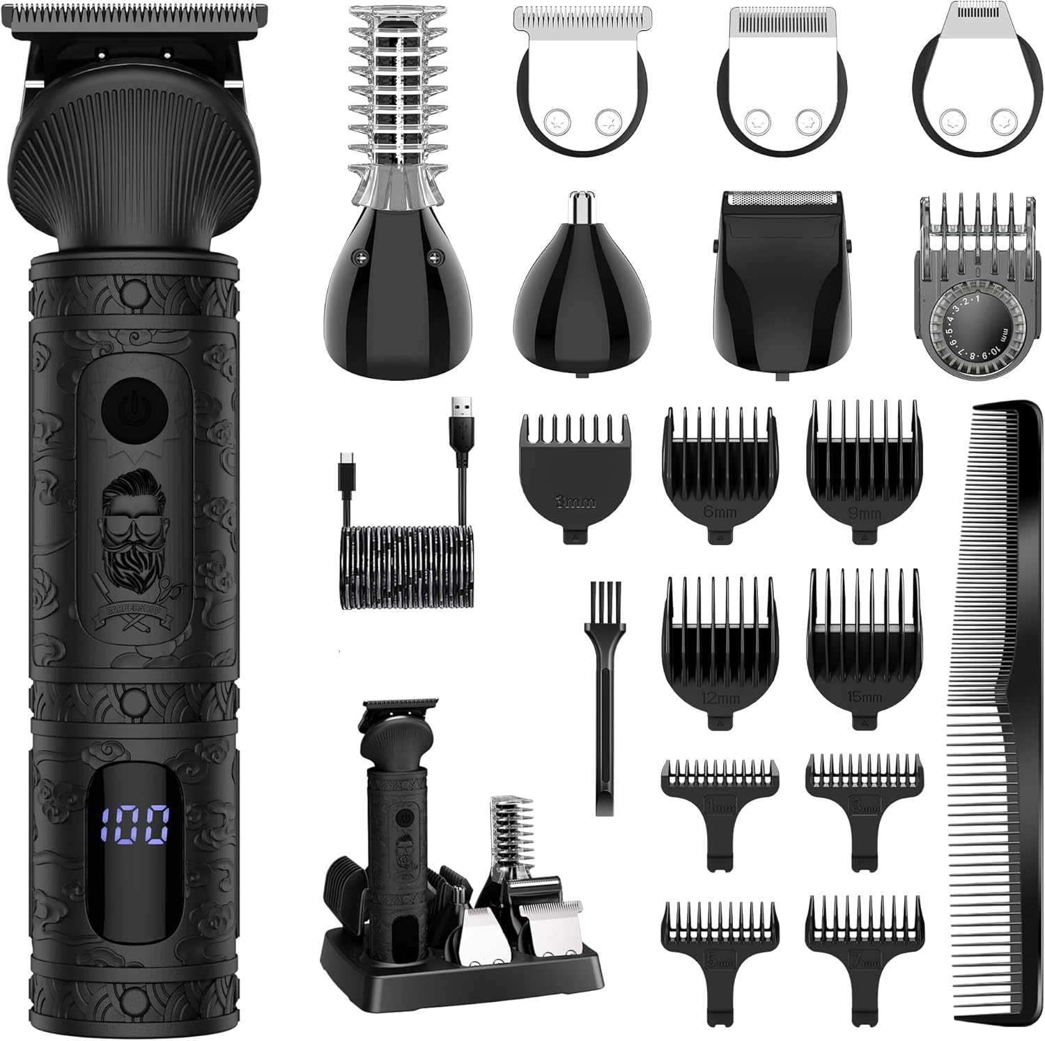 Beard Trimmer Kit Professional Hair Clipper Zero Gapped T-Blade Electric Shaver Razor Nose Body Trimmer for Men Cordless Grooming Kit 7 in 1