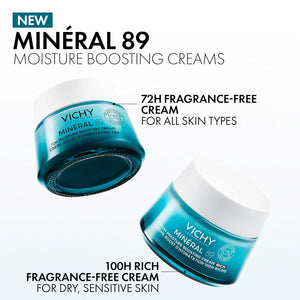 Vichy Mineral 89 Fragrance Free Cream, Moisture Boosting Cream with Hyaluronic Acid, Daily Face Moisturizer, Available in 3 Formulas For All Skin Types, Dry & Sensitive Skin & Mattifying for Oily Skin