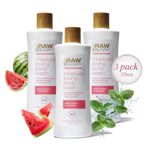 RAW SUGAR Moisture Loving Body Wash - Watermelon + Fresh Mint, Moisturizing & Refreshing Bath & Shower Gel, Sulfate-Free, Paraben-Free & Vegan (Pack of 3)