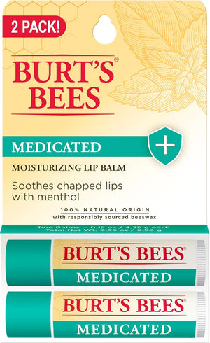 Burt's Bees Medicated Lip Balm, With Eucalyptus Oil and Menthol, Tint-Free, Natural Origin Lip Care, 2 Tubes, 0.15 oz.