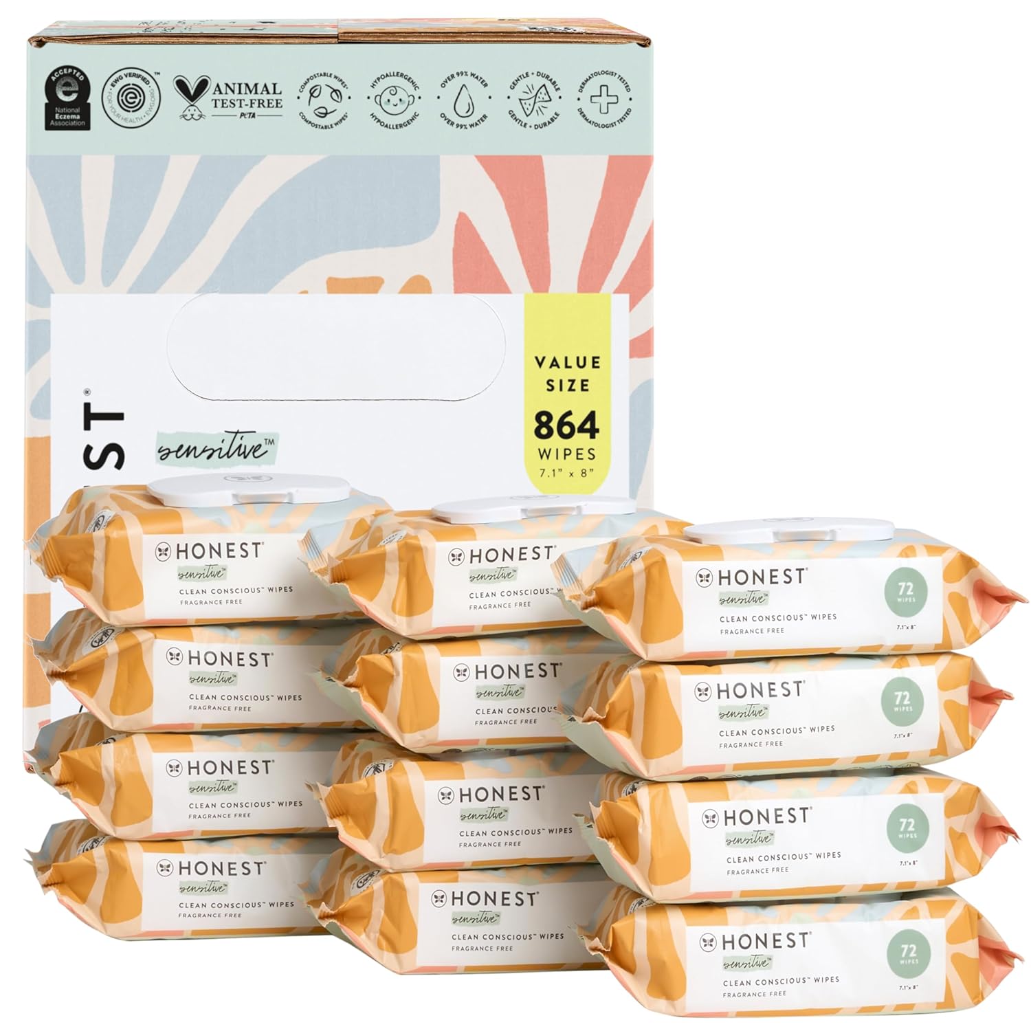 The Honest Company Clean Conscious Multi-Use Wipes | Hypoallergenic + Unscented for Sensitive Skin | Over 99% Water, Compostable, Plant Based, Baby Wipes | Geo Mood, 288 Count