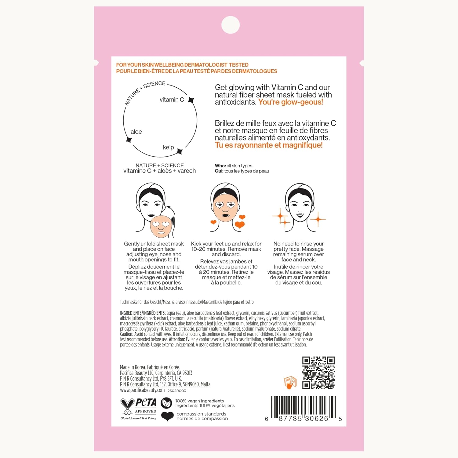 Pacifica Sheet Face Mask - Glow Baby Brightening Facial Mask w/Vitamin C, Aloe & Kelp – Cooling Mask for Dark Spots & Fine Lines - Clean Beauty Vegan & Cruelty-Free Dermatologist Tested