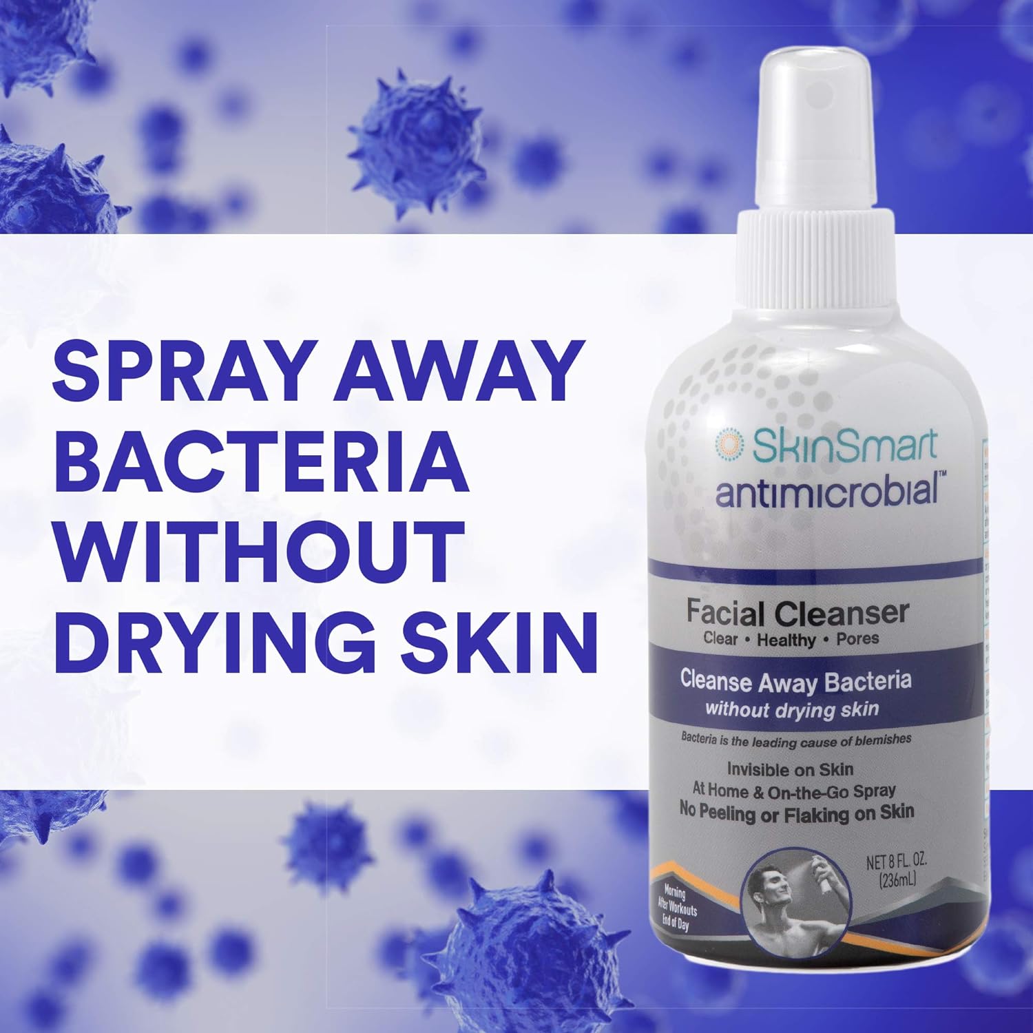 SkinSmart Antimicrobial Facial Cleanser for Breakouts, Targets Bacteria Linked to Acne with a Gentle Hypochlorous Acid Spray, Post Workout Miracle Solution for Adults and Teens, 8 Ounce Bottle