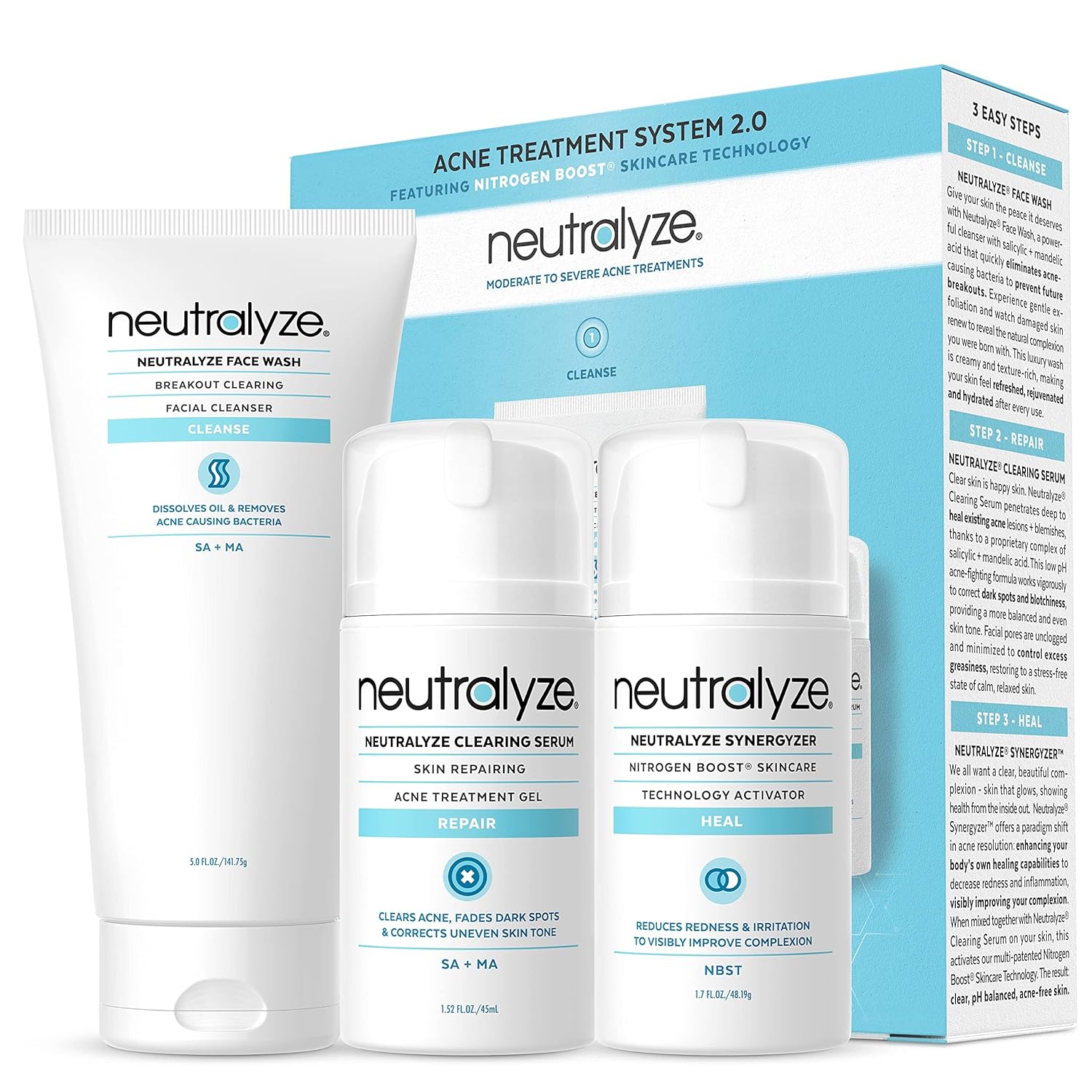 Moderate to Severe Acne Treatment Kit - Maximum Strength 3 Step System with 2% Salicylic Acid, 2% Mandelic Acid & Nitrogen Boost Skincare Technology - Acne Medication for Teens & Adults (90+ Day)