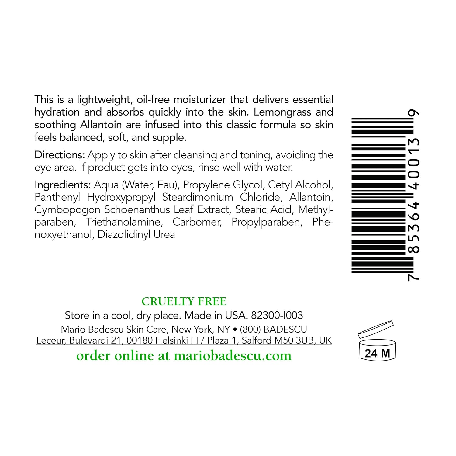 Mario Badescu Oil Free Face Moisturizer for Women and Men, Ideal Facial Moisturizer for Combination, Oily or Sensitive Skin, Allantoin & Lemongrass Extract-Infused Moisturizer Face Cream, 2 Fl Oz