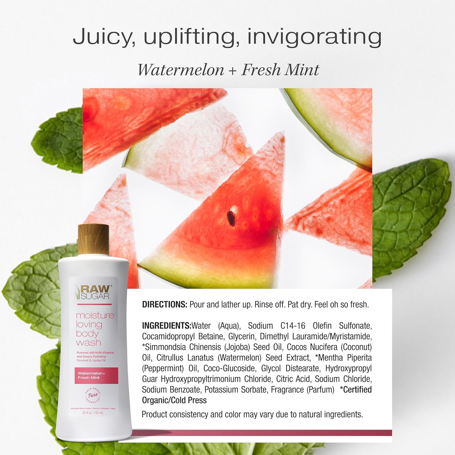 RAW SUGAR Moisture Loving Body Wash - Watermelon + Fresh Mint, Moisturizing & Refreshing Bath & Shower Gel, Sulfate-Free, Paraben-Free & Vegan (Pack of 3)