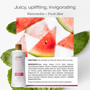 RAW SUGAR Moisture Loving Body Wash - Watermelon + Fresh Mint, Moisturizing & Refreshing Bath & Shower Gel, Sulfate-Free, Paraben-Free & Vegan (Pack of 3)
