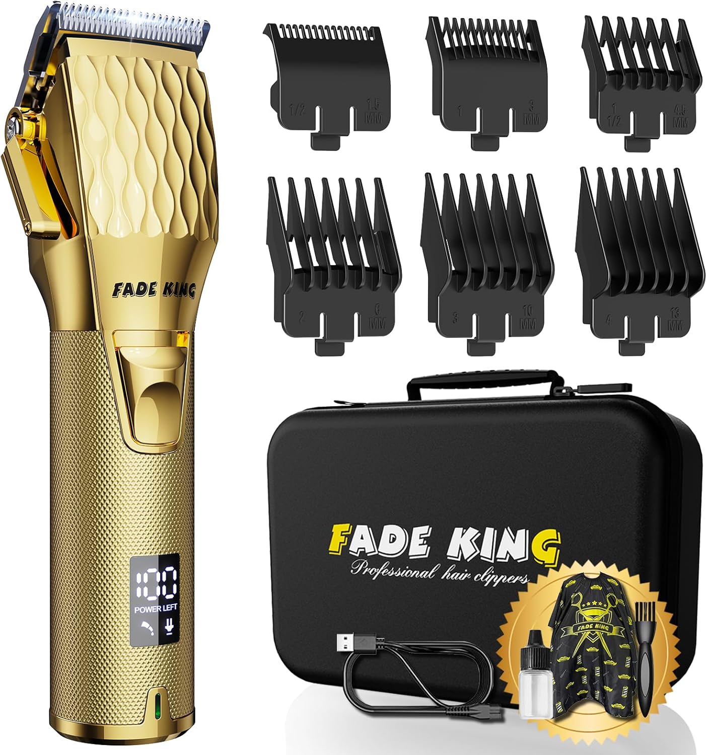 FADEKING® Professional Hair Clippers for Men - Cordless Hair Clippers, LCD Display Barber Clippers for Hair Cutting & Mens Grooming with Travel Case (Gold+Bronze)