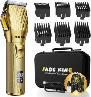 FADEKING® Professional Hair Clippers for Men - Cordless Hair Clippers, LCD Display Barber Clippers for Hair Cutting & Mens Grooming with Travel Case (Gold+Bronze)