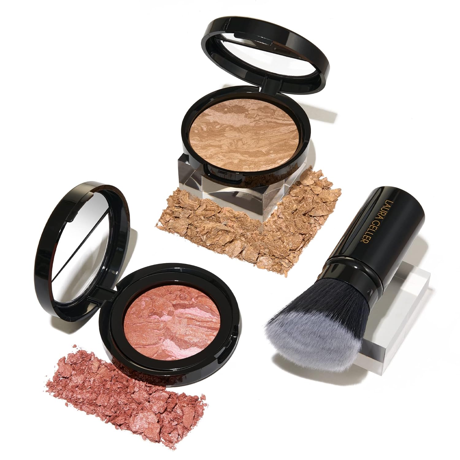 LAURA GELLER NEW YORK Blush-n-Glow Kit (3 PC): Baked Balance-N-Glow Illuminating Powder Foundation, Porcelain + Retractable Kabuki Brush + Baked Blush-N-Brighten, Pink Grapefruit