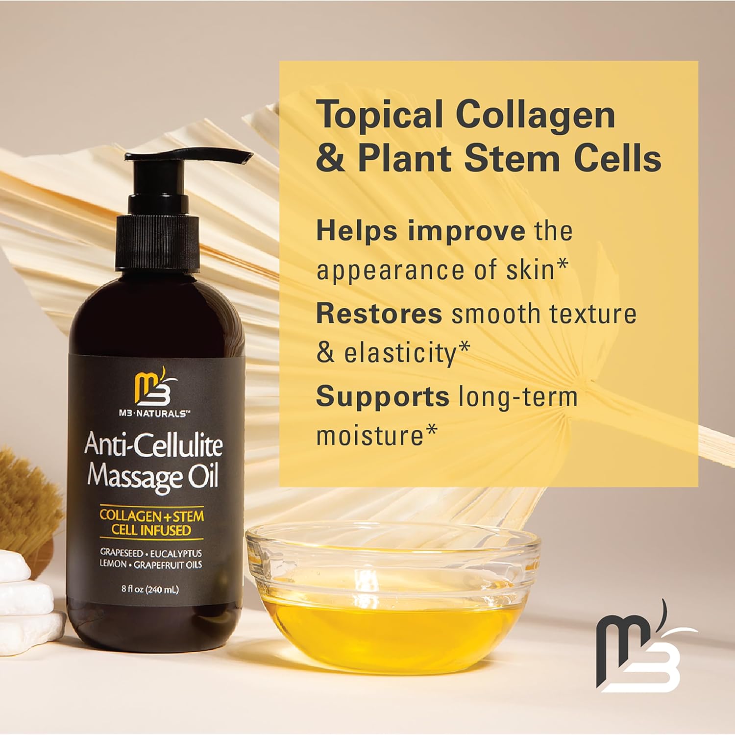 M3 Naturals Firming Body Massage Oil with Collagen & Stem Cell – Helps Smooth The Appearance of Cellulite & Improve Skin Texture – Refreshing Aromatherapy Body Oil for Legs & Full Body – 8 Fl Oz