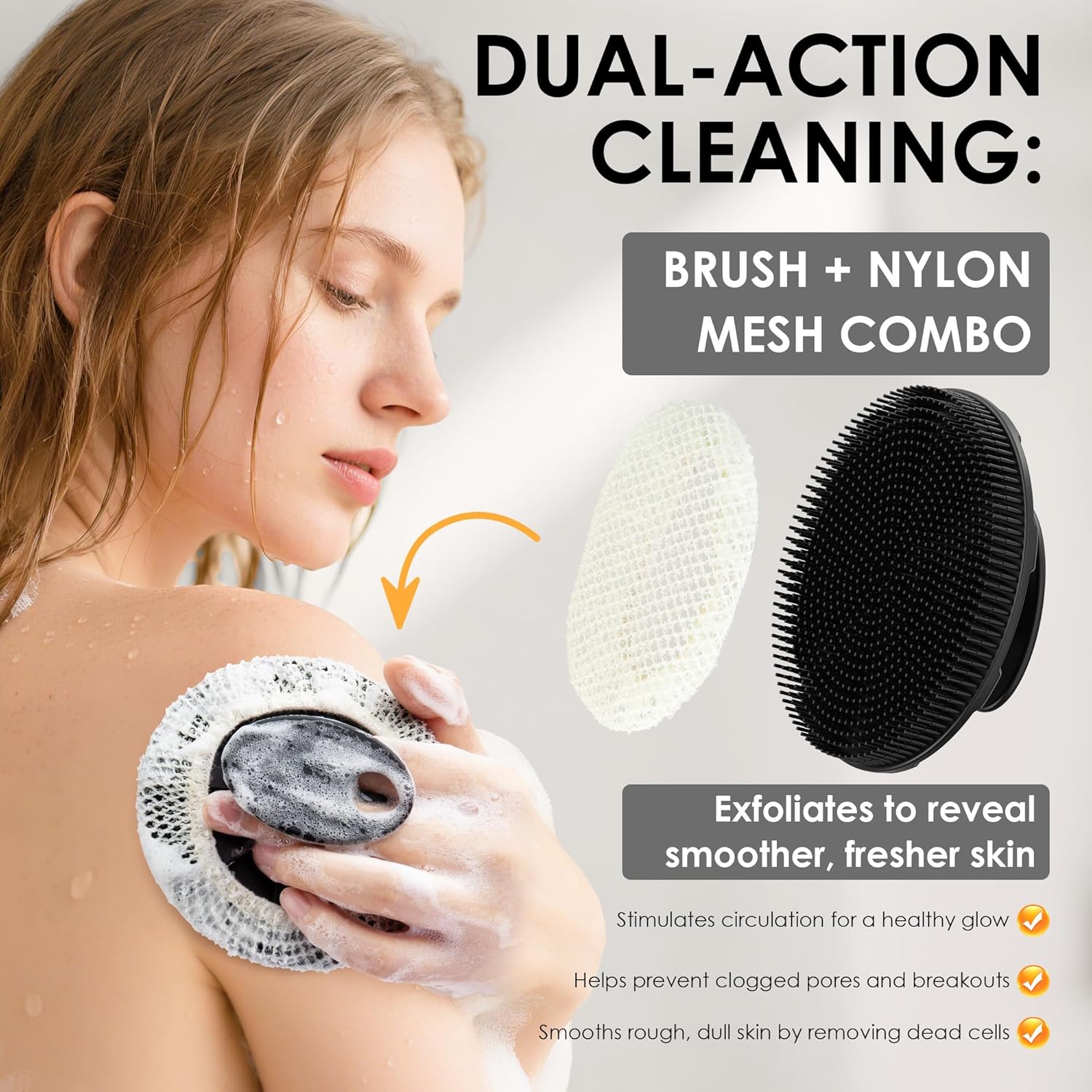 INNERNEED Food-Grade Soft Silicone Body Scrubber Shower Brush Handheld Cleansing Skin Brush, with Exfoliating Net Sponge Case (Black Brush)